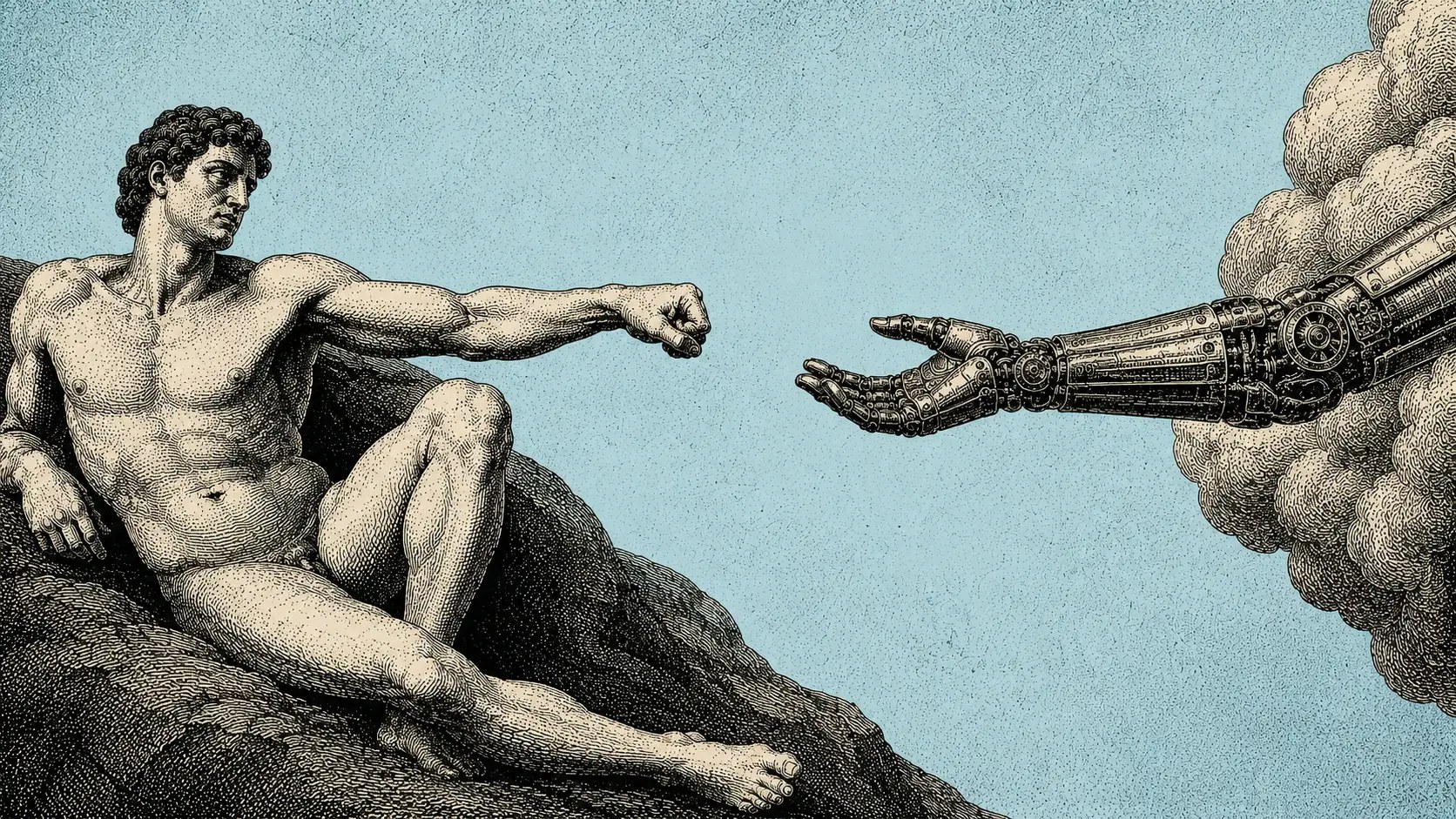 Engraved illustration of a nude classical figure reaching toward a robotic mechanical hand emerging from clouds, after Michelangelo's Creation of Adam.